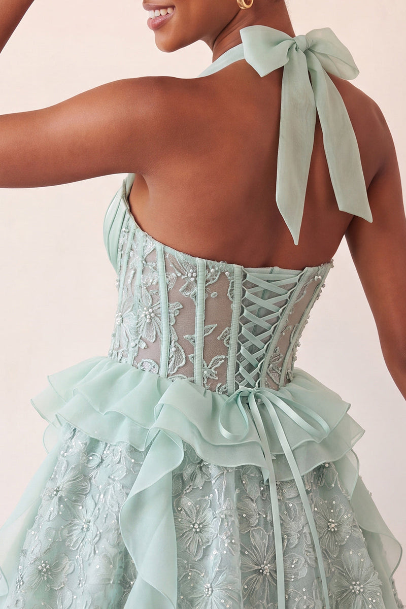 Laden Sie das Bild in den Galerie-Viewer, Halter-Ausschnitt A-Linie mintgrünes, transparentes Korsett, Blumen-Rüschen-Homecoming-Kleid mit Schnürung hinten