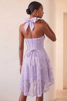 Flieder Halterhals A-Linie Perlen Blumiges High-Low- Kurzes Abendkleid mit Schnürung