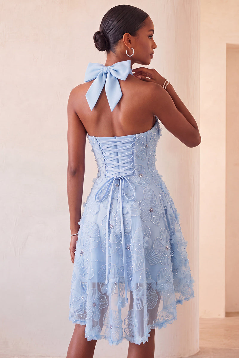 Laden Sie das Bild in den Galerie-Viewer, Fliederfarbener Halterhals A-Linie Perlen, blumiges High-Low-Homecoming-Kleid mit Spitze auf dem Rücken