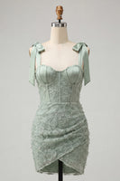 Laden Sie das Bild in den Galerie-Viewer, Dusty Sage Bodycon Korsett, Peals Blumenträger mit Schleifen, Homecoming-Kleid mit Schnürung hinten