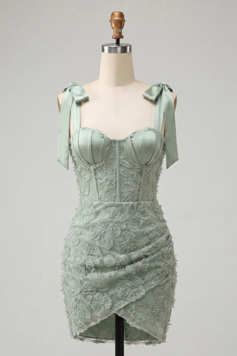 Laden Sie das Bild in den Galerie-Viewer, Dusty Sage Bodycon Korsett, Peals Blumenträger mit Schleifen, Homecoming-Kleid mit Schnürung hinten
