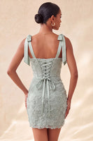 Laden Sie das Bild in den Galerie-Viewer, Dusty Sage Bodycon Korsett, Peals Blumenträger mit Schleifen, Homecoming-Kleid mit Schnürung hinten