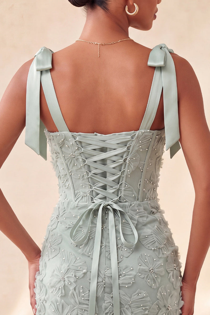 Laden Sie das Bild in den Galerie-Viewer, Dusty Sage Bodycon Korsett, Peals Blumenträger mit Schleifen, Homecoming-Kleid mit Schnürung hinten