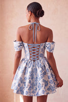 Laden Sie das Bild in den Galerie-Viewer, Hellrosa Halterhals-A-Linien-Korsett Jacquard-Blumen-Homecoming-Kleid mit Spitze auf dem Rücken