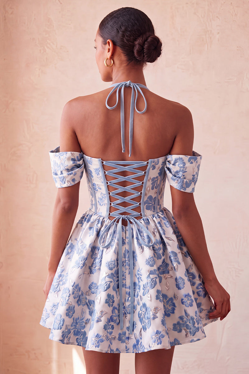 Laden Sie das Bild in den Galerie-Viewer, Hellrosa Halterhals-A-Linien-Korsett Jacquard-Blumen-Homecoming-Kleid mit Spitze auf dem Rücken