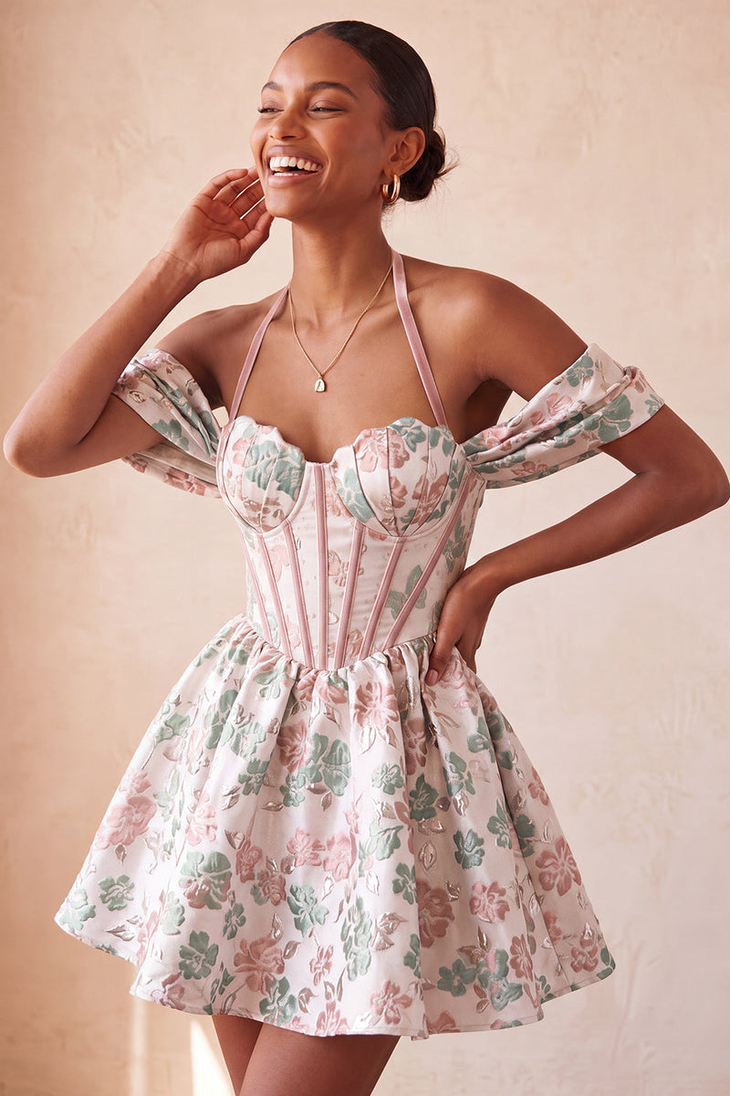 Laden Sie das Bild in den Galerie-Viewer, Hellrosa Halterhals-A-Linien-Korsett Jacquard-Blumen-Homecoming-Kleid mit Spitze auf dem Rücken