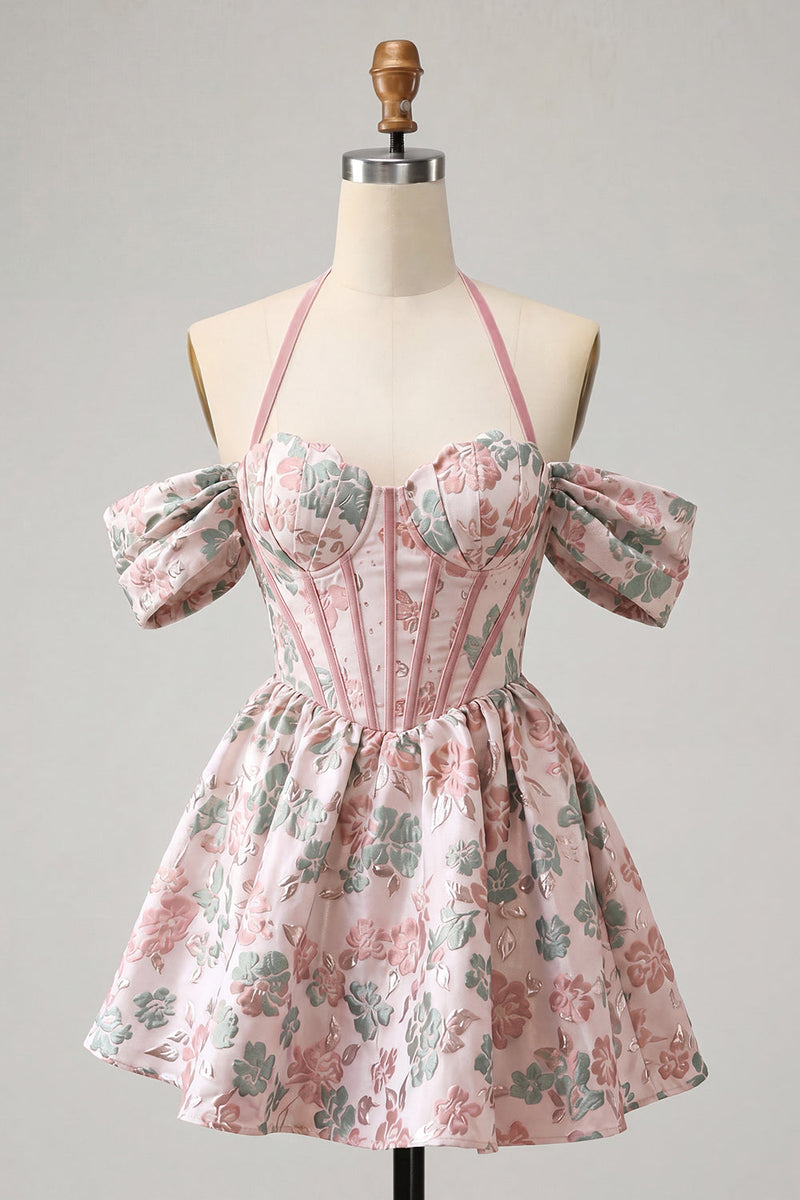 Laden Sie das Bild in den Galerie-Viewer, Hellrosa Halterhals-A-Linien-Korsett Jacquard-Blumen-Homecoming-Kleid mit Spitze auf dem Rücken