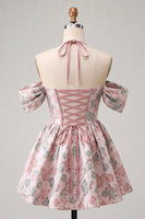Laden Sie das Bild in den Galerie-Viewer, Hellrosa Halterhals-A-Linien-Korsett Jacquard-Blumen-Homecoming-Kleid mit Spitze auf dem Rücken