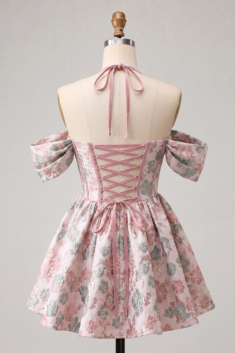 Laden Sie das Bild in den Galerie-Viewer, Hellrosa Halterhals-A-Linien-Korsett Jacquard-Blumen-Homecoming-Kleid mit Spitze auf dem Rücken
