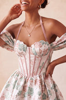 Laden Sie das Bild in den Galerie-Viewer, Hellrosa Halterhals-A-Linien-Korsett Jacquard-Blumen-Homecoming-Kleid mit Spitze auf dem Rücken