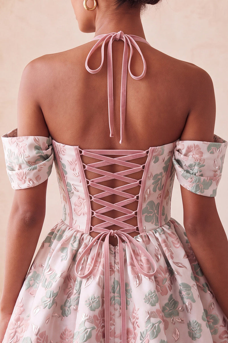 Laden Sie das Bild in den Galerie-Viewer, Hellrosa Halterhals-A-Linien-Korsett Jacquard-Blumen-Homecoming-Kleid mit Spitze auf dem Rücken