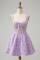 Laden Sie das Bild in den Galerie-Viewer, A-Linie hellviolettes quadratisches Korsett, Jacquard-Spitzen-Rücken-Perlen-Homecoming-Kleid