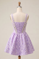 Laden Sie das Bild in den Galerie-Viewer, A-Linie hellviolettes quadratisches Korsett, Jacquard-Spitzen-Rücken-Perlen-Homecoming-Kleid
