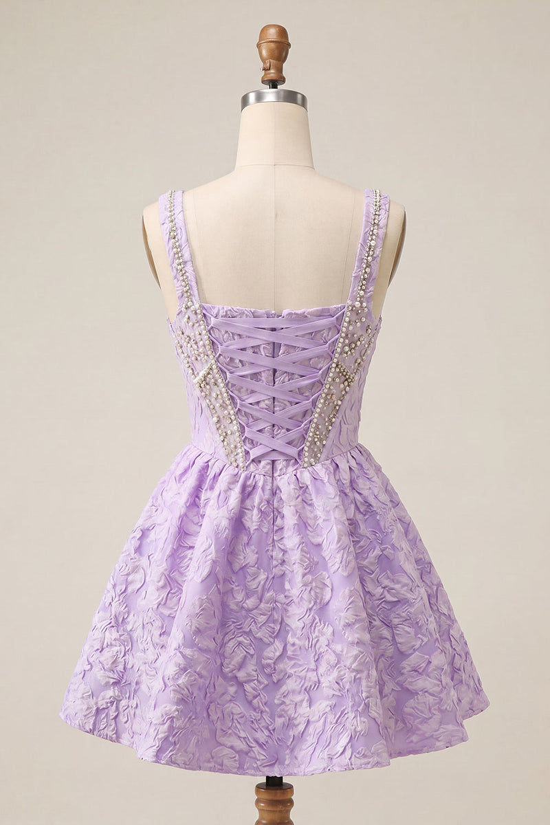 Laden Sie das Bild in den Galerie-Viewer, A-Linie hellviolettes quadratisches Korsett, Jacquard-Spitzen-Rücken-Perlen-Homecoming-Kleid