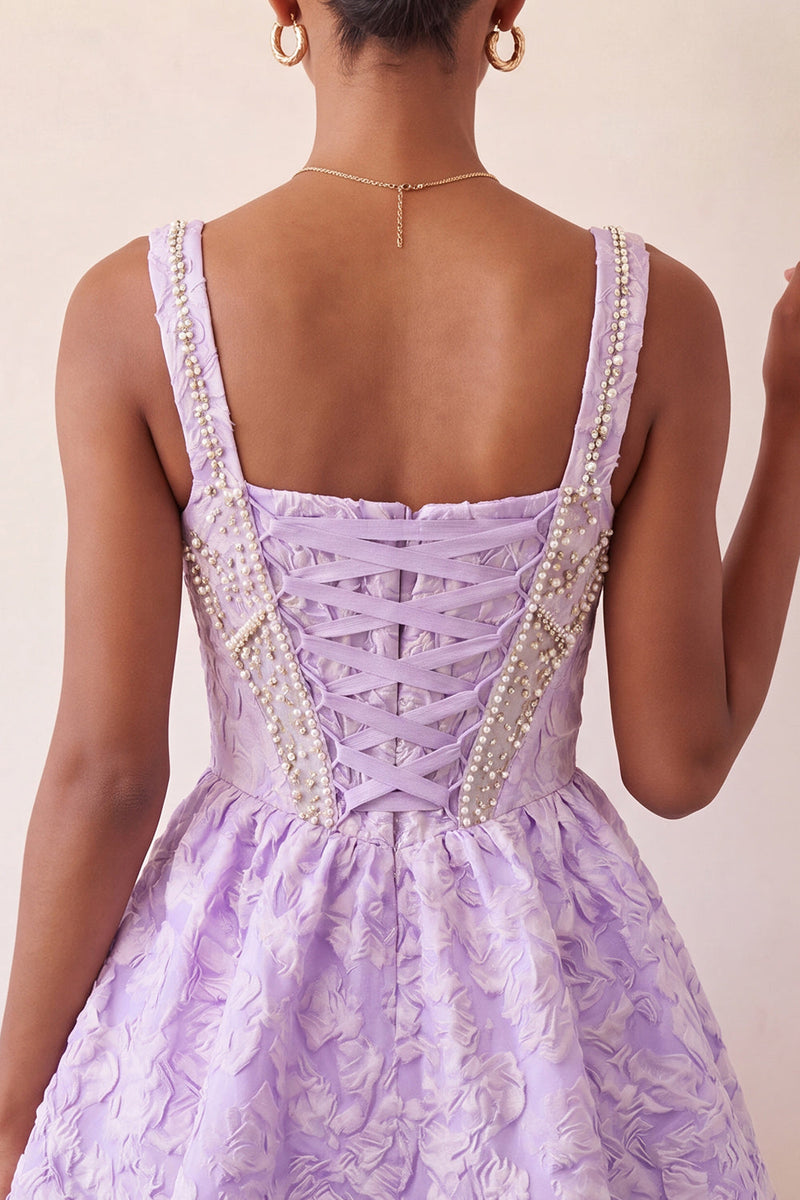 Laden Sie das Bild in den Galerie-Viewer, A-Linie hellviolettes quadratisches Korsett, Jacquard-Spitzen-Rücken-Perlen-Homecoming-Kleid