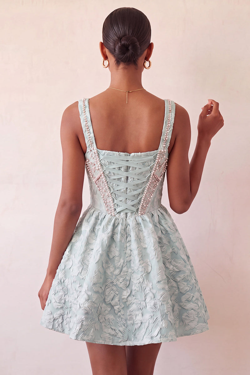 Laden Sie das Bild in den Galerie-Viewer, A-Linie hellviolettes quadratisches Korsett, Jacquard-Spitzen-Rücken-Perlen-Homecoming-Kleid
