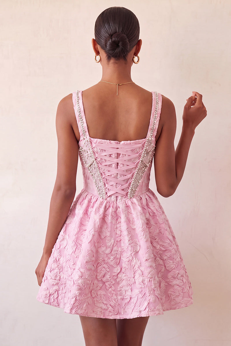 Laden Sie das Bild in den Galerie-Viewer, A-Linie hellviolettes quadratisches Korsett, Jacquard-Spitzen-Rücken-Perlen-Homecoming-Kleid