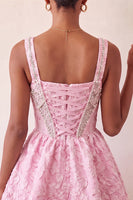 Laden Sie das Bild in den Galerie-Viewer, A-Linie hellviolettes quadratisches Korsett, Jacquard-Spitzen-Rücken-Perlen-Homecoming-Kleid
