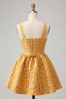 A-Linie Jacquard Gelbes Blumen Spitzen Kurzes Abendkleid mit Schleife