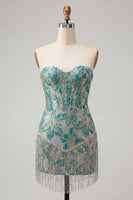 Laden Sie das Bild in den Galerie-Viewer, Lake Blue Sweetheart Korsett, Jacquard-Spitze, Back-Homecoming-Kleid mit Fransen