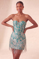 Laden Sie das Bild in den Galerie-Viewer, Lake Blue Sweetheart Korsett, Jacquard-Spitze, Back-Homecoming-Kleid mit Fransen