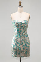 Laden Sie das Bild in den Galerie-Viewer, Lake Blue Sweetheart Korsett Jacquard Schnürung Kurzes Abendkleid mit Fransen