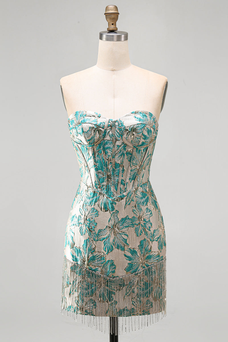 Laden Sie das Bild in den Galerie-Viewer, Lake Blue Sweetheart Korsett Jacquard Schnürung Kurzes Abendkleid mit Fransen