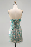 Laden Sie das Bild in den Galerie-Viewer, Lake Blue Sweetheart Korsett Jacquard Schnürung Kurzes Abendkleid mit Fransen