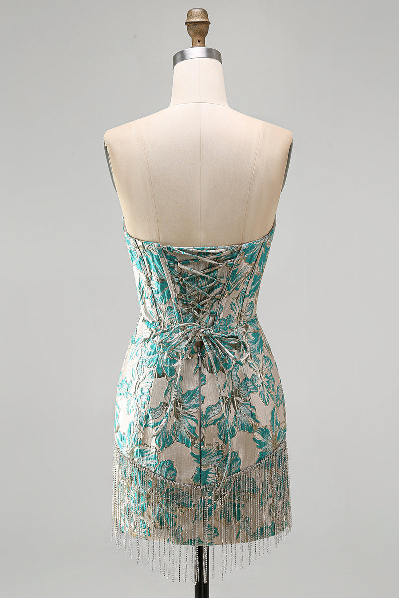 Laden Sie das Bild in den Galerie-Viewer, Lake Blue Sweetheart Korsett Jacquard Schnürung Kurzes Abendkleid mit Fransen