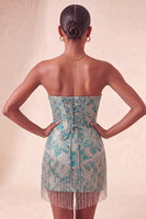 Laden Sie das Bild in den Galerie-Viewer, Lake Blue Sweetheart Korsett, Jacquard-Spitze, Back-Homecoming-Kleid mit Fransen