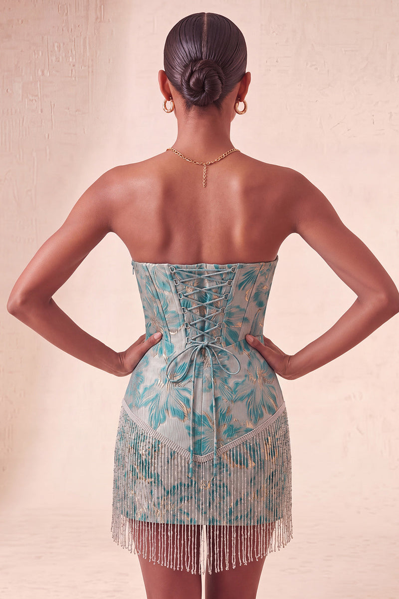 Laden Sie das Bild in den Galerie-Viewer, Lake Blue Sweetheart Korsett, Jacquard-Spitze, Back-Homecoming-Kleid mit Fransen