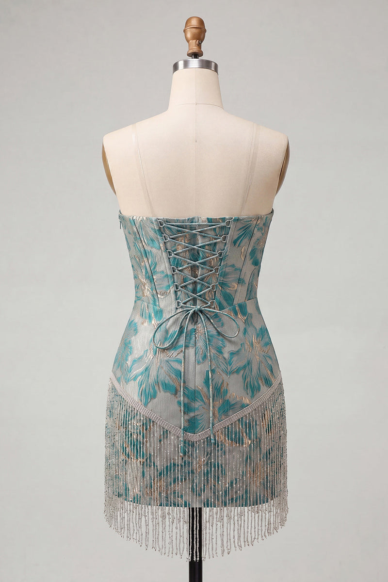 Laden Sie das Bild in den Galerie-Viewer, Lake Blue Sweetheart Korsett, Jacquard-Spitze, Back-Homecoming-Kleid mit Fransen