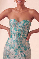 Laden Sie das Bild in den Galerie-Viewer, Lake Blue Sweetheart Korsett, Jacquard-Spitze, Back-Homecoming-Kleid mit Fransen