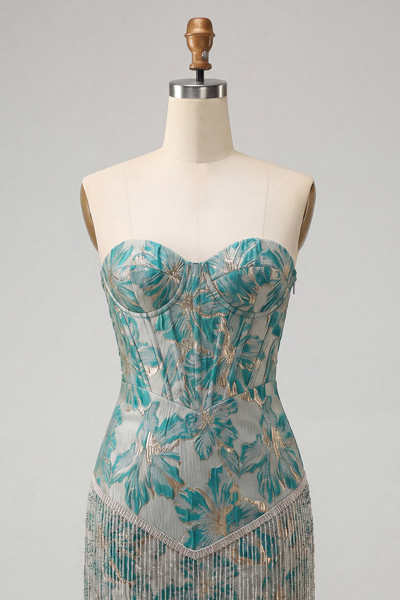 Laden Sie das Bild in den Galerie-Viewer, Lake Blue Sweetheart Korsett, Jacquard-Spitze, Back-Homecoming-Kleid mit Fransen