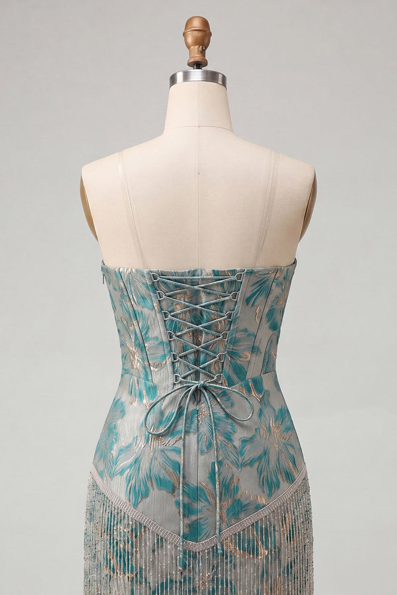 Laden Sie das Bild in den Galerie-Viewer, Lake Blue Sweetheart Korsett, Jacquard-Spitze, Back-Homecoming-Kleid mit Fransen