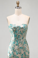 Laden Sie das Bild in den Galerie-Viewer, Lake Blue Sweetheart Korsett Jacquard Schnürung Kurzes Abendkleid mit Fransen