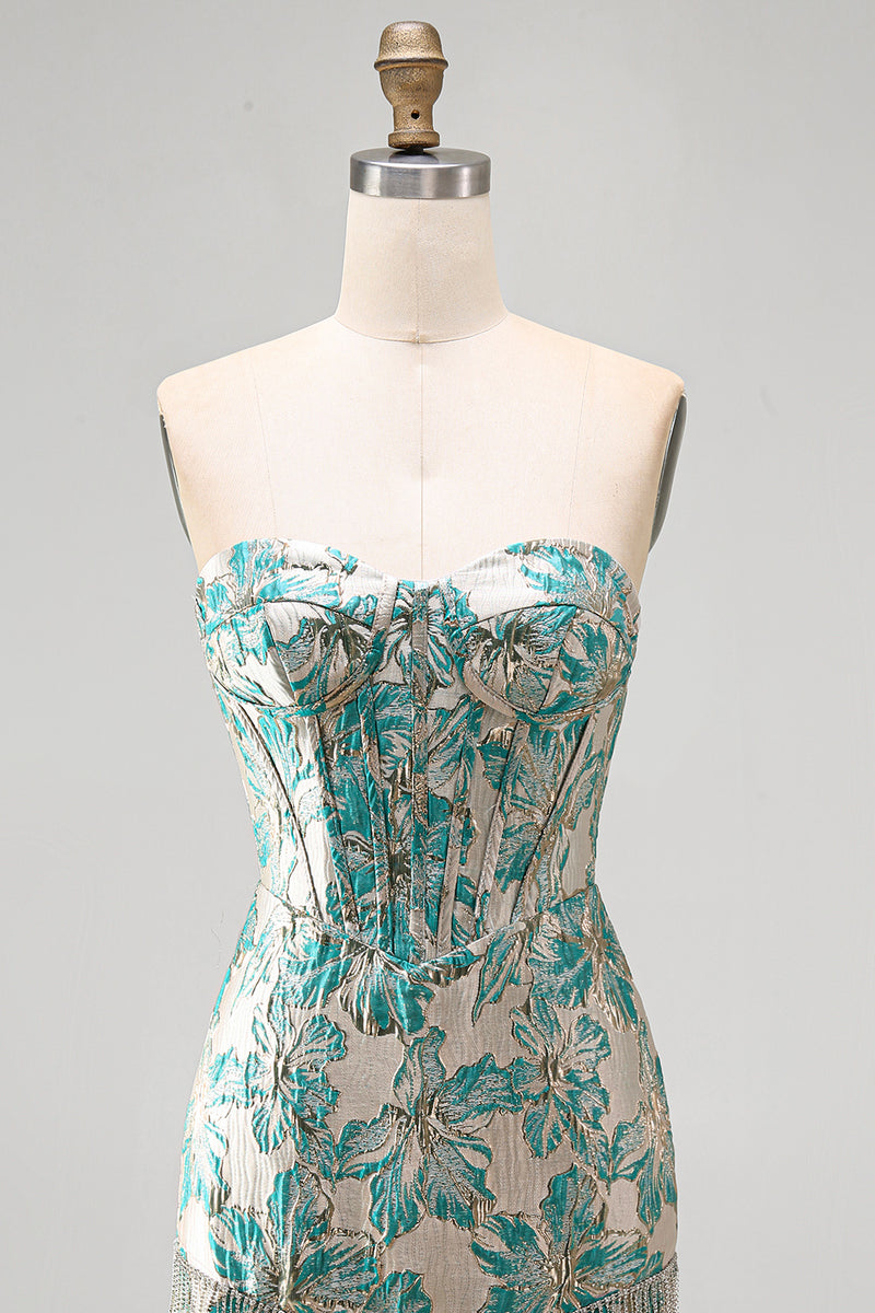 Laden Sie das Bild in den Galerie-Viewer, Lake Blue Sweetheart Korsett Jacquard Schnürung Kurzes Abendkleid mit Fransen