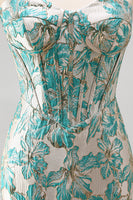 Laden Sie das Bild in den Galerie-Viewer, Lake Blue Sweetheart Korsett Jacquard Schnürung Kurzes Abendkleid mit Fransen