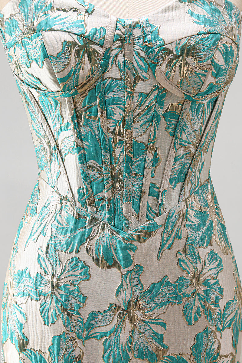 Laden Sie das Bild in den Galerie-Viewer, Lake Blue Sweetheart Korsett Jacquard Schnürung Kurzes Abendkleid mit Fransen