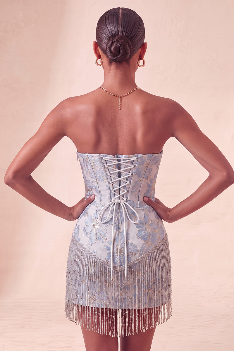 Laden Sie das Bild in den Galerie-Viewer, Lake Blue Sweetheart Korsett, Jacquard-Spitze, Back-Homecoming-Kleid mit Fransen