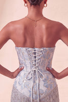 Laden Sie das Bild in den Galerie-Viewer, Lake Blue Sweetheart Korsett, Jacquard-Spitze, Back-Homecoming-Kleid mit Fransen