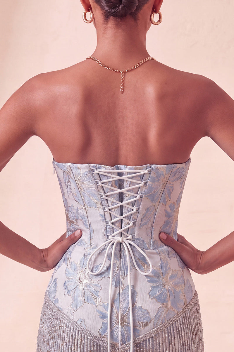 Laden Sie das Bild in den Galerie-Viewer, Lake Blue Sweetheart Korsett, Jacquard-Spitze, Back-Homecoming-Kleid mit Fransen