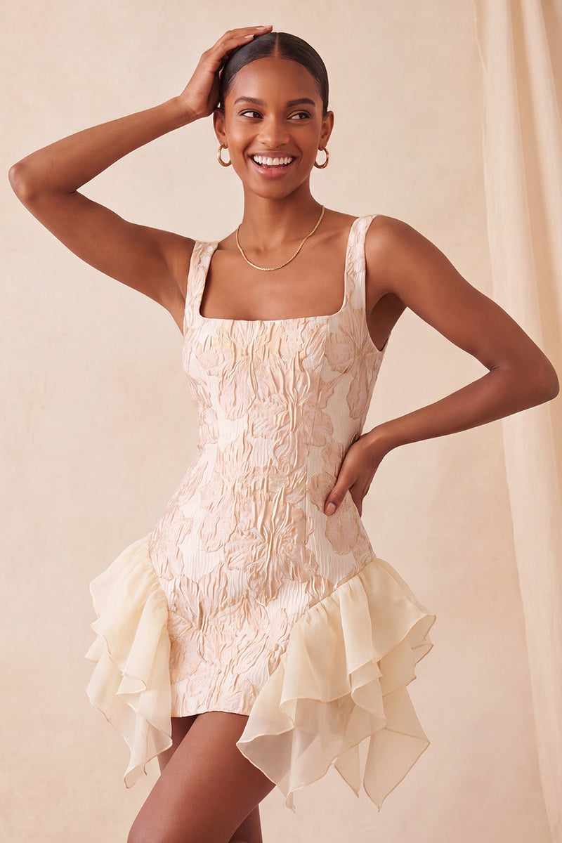 Laden Sie das Bild in den Galerie-Viewer, Champagner-Jacquard-Eckhals Spitzen-Rücken, enges Homecoming-Kleid mit Rüschen