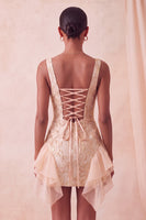 Laden Sie das Bild in den Galerie-Viewer, Champagner-Jacquard-Eckhals Spitzen-Rücken, enges Homecoming-Kleid mit Rüschen