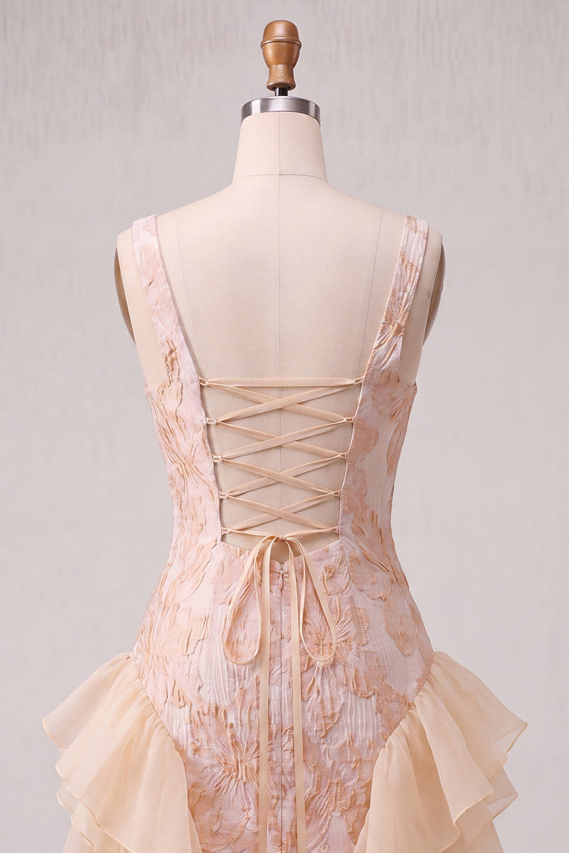 Laden Sie das Bild in den Galerie-Viewer, Champagner-Jacquard-Eckhals Spitzen-Rücken, enges Homecoming-Kleid mit Rüschen