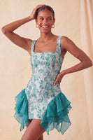 Laden Sie das Bild in den Galerie-Viewer, Champagner-Jacquard-Eckhals Spitzen-Rücken, enges Homecoming-Kleid mit Rüschen