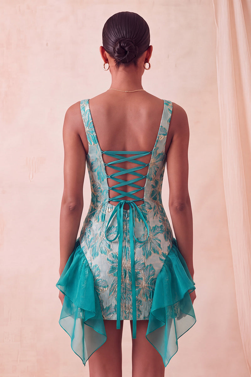 Laden Sie das Bild in den Galerie-Viewer, Champagner-Jacquard-Eckhals Spitzen-Rücken, enges Homecoming-Kleid mit Rüschen