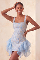 Laden Sie das Bild in den Galerie-Viewer, Champagner-Jacquard-Eckhals Spitzen-Rücken, enges Homecoming-Kleid mit Rüschen