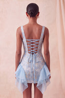 Laden Sie das Bild in den Galerie-Viewer, Champagner-Jacquard-Eckhals Spitzen-Rücken, enges Homecoming-Kleid mit Rüschen
