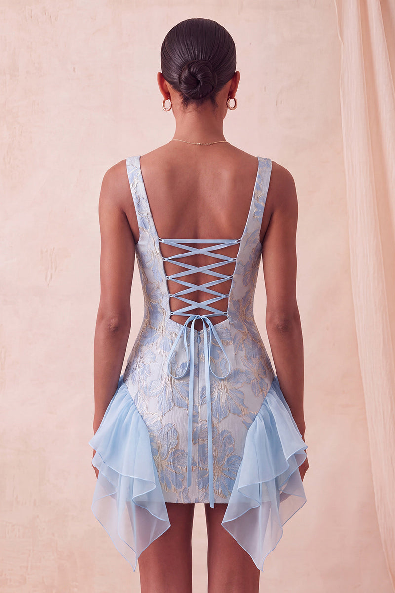 Laden Sie das Bild in den Galerie-Viewer, Champagner-Jacquard-Eckhals Spitzen-Rücken, enges Homecoming-Kleid mit Rüschen